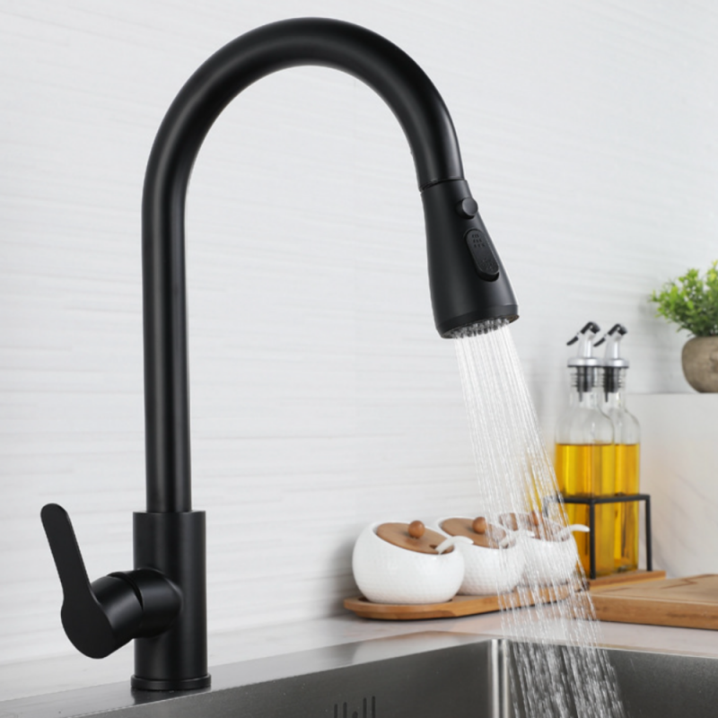 Grifo Cocina Fregadero IBREM Coal GRIFERS® Ducha Extraíble Negro, Caño Alto Acero Inoxidable Pulido