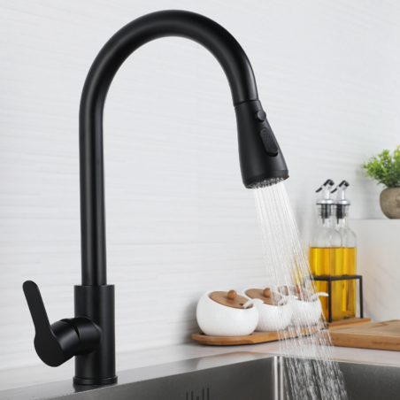 Grifo Cocina Fregadero IBREM Coal GRIFERS® Ducha Extraíble Negro, Caño Alto Acero Inoxidable Pulido